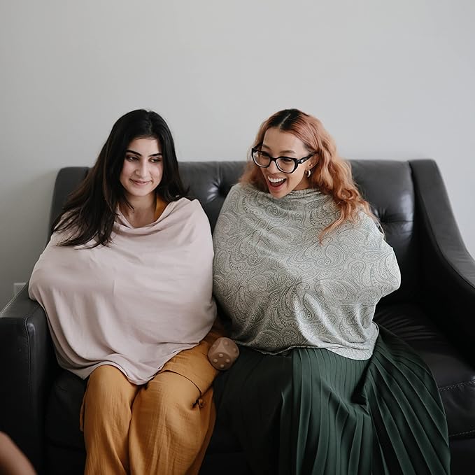 mushie Baby Car Seat Canopy Cover | Breathable & Stretchy Multi Use Cover for Breastfeeding, Nursing, High Chair, Shopping Cart, Strollers (Green Paisley)