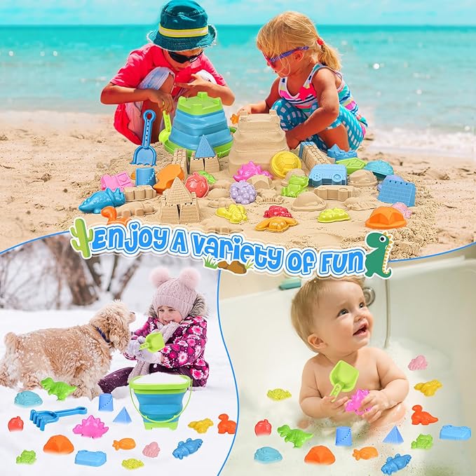 Beach Toys, Collapsible Sand Toys for Toddlers, Sand Bucket and Shovels Set with Mesh Bag Cute Sand Molds, Travel Sand Toys for Beach, Sandbox Toys for Toddlers Kids Baby Boys Girls Age 3-10