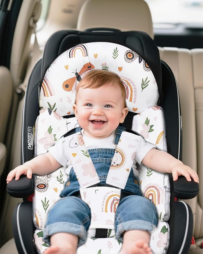 Infant Insert, Enlarged Head Support for Baby, Reversible Newborn Insert with 3 Strap Covers, 2-in-1 Baby Cushion for Stroller, Swing, Bouncer, Rocker - Brown Rainbow