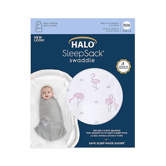 HALO 100% Cotton Sleepsack Swaddle, 3-Way Adjustable Wearable Blanket, TOG 1.5, Flamingos, Newborn, 0-3 Months