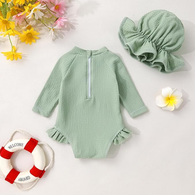 YOUNGER TREE Infant Baby Girls Swimsuit Long Sleeve Swimsuits One Piece Swimsuit Solid Color Bathing Suit with Hat, UPF 50+