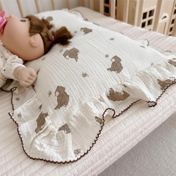 BuLuTu Cartoon Bear Muslin Pillowcase for Boys Girls Cute Animal Print Toddler Pillow Cases Soft Breathable Cotton Crib Cradle Pillow Cover for Kids Nursery Bedding,1 Piece, 14"x20"