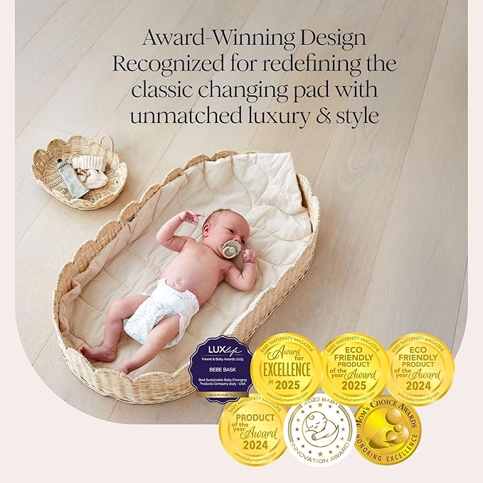 Bebe Bask Premium Baby Changing Basket - Artisan-Crafted Scalloped Rattan - Changing Basket for Baby Dresser - All Accessories Included - Complete Set for Nursery (Natural)