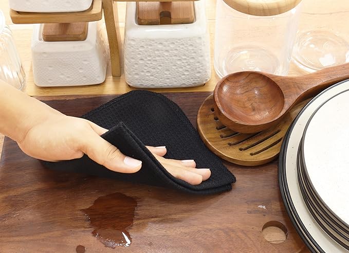 PurpleEssences Dish Cloths and Dish Rags - 6 Pack Waffle Weave Solid Kitchen Dish Wash Cloths, 100% Cotton, 12 x 12 Inches, Ultra Soft Absorbent Quick Drying - Fall Thanksgiving Halloween - Black