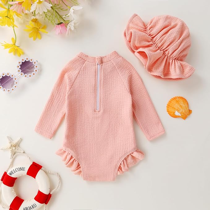 YOUNGER TREE Infant Baby Girls Swimsuit Long Sleeve Swimsuits One Piece Swimsuit Solid Color Bathing Suit with Hat, UPF 50+