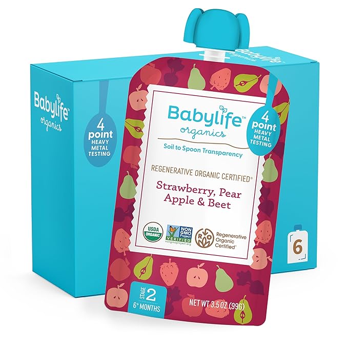 Babylife Organics Stage 2 - Strawberry, Pear, Apple & Beet, 3.5 Ounce Pouch (6 Pack) - Heavy Metal Safe, Organic Baby Food