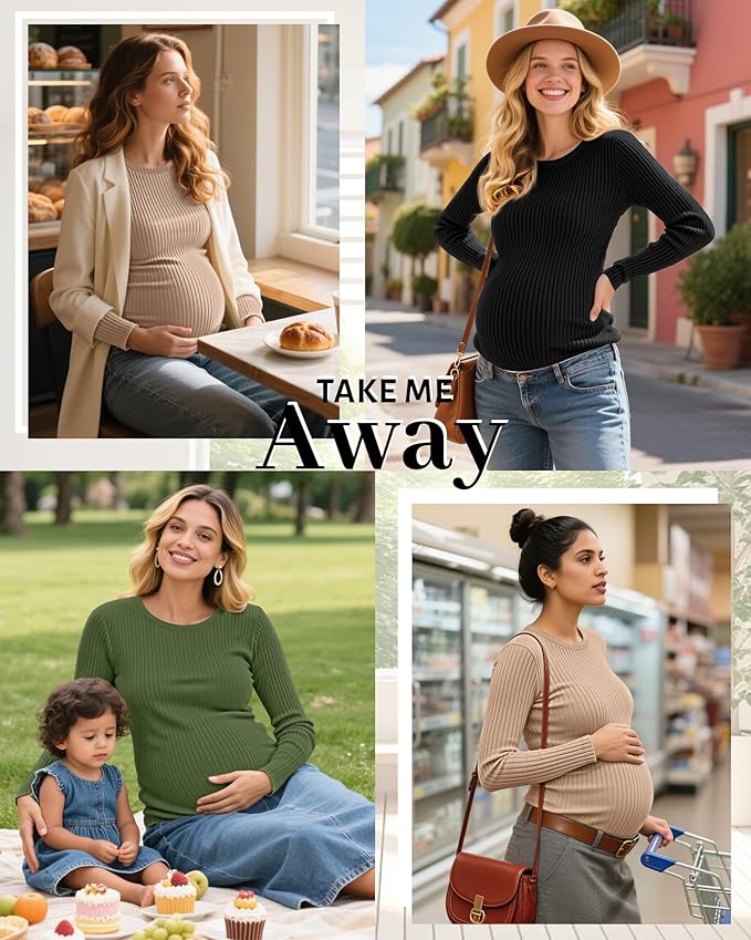 Riyiper 3 Pack Women's Maternity Shirts Long Sleeve Ribbed Knit Pregnancy Tees Cotton Crewneck Tunic Clothes Casual Fall Tops