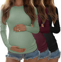 Riyiper 3 Pack Women's Maternity Shirts Long Sleeve Ribbed Knit Pregnancy Tees Cotton Crewneck Tunic Clothes Casual Fall Tops