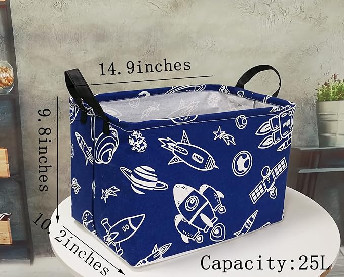Rectangle Kids Gift Storage Basket Shelf Storage Basket Organizer Box Clothes Laundry Hamper Toys Nursery Basket Baby Laundry Basket with Handles (REC-Navy Spacecraft)