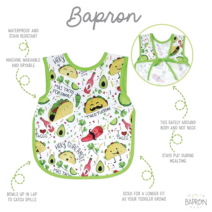 BapronBaby Taco Party Bapron - No Neck Tie Safer Bib for Baby & Toddler - Soft Waterproof Stain Resistant - Machine Washable - Sz Preschool 3-5yrs