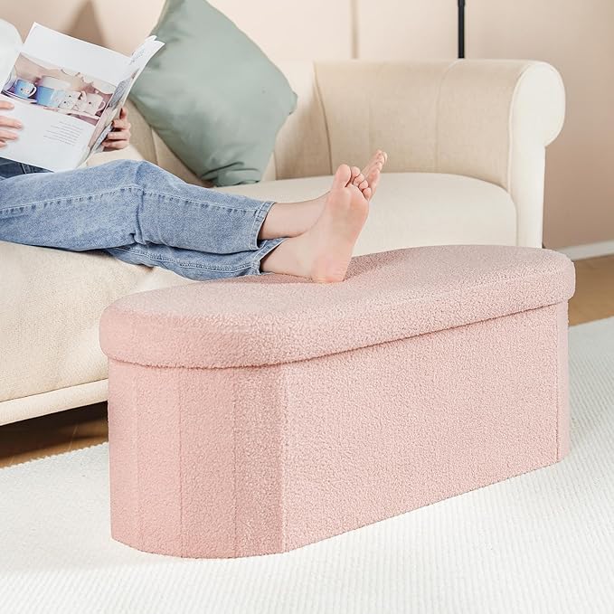 B FSOBEIIALEO Ottoman with Storage for Living Room, Sherpa Folding Storage Ottoman Foot Rest, 43.3 Inches Collapsible Bedroom Bench Pink