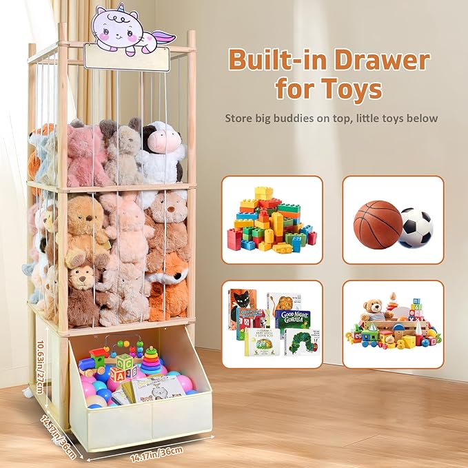 Stuffed Animal Storage with Tiny Toys Tray, Wood Stuffed Animal Zoo Storage with Brake Wheels, Space-Saving Plushie Playhouse for Nursery, Playroom, Kids Bedroom- Easy Assembly