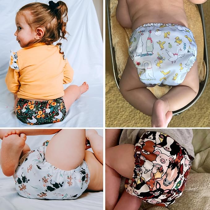 Mama Koala 3.0 Cloth Diapers for Babies with AWJ Lining, 6 Pack with 6 5-Layer Natural Cloth Diaper Inserts - Reusable and Washable Pocket Diapers(A-The Farm Story)