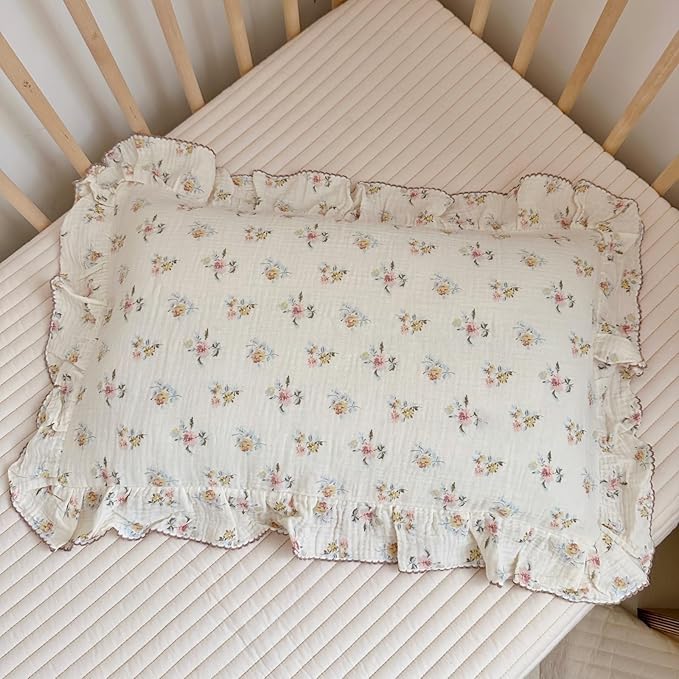 BuLuTu Cotton Muslin Kids Toddler Pillowcase with Cute Azalea Flowers Pattern Super Soft Crib Nursery Pillowcase for Boys,Girls,Bedding Decor Machine Washable, Durable Pillowcase,1 Piece,Standard