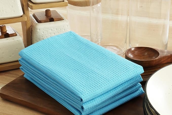PurpleEssences Waffle Weave Kitchen Towel, 100% Cotton - 15 x 25 Inches, with Hanging Loop Ultra Soft Absorbent Quick Drying Dish Cloth, Tea and Hand Towels, 6 Pack - Fall Thanksgiving - Aqua Blue