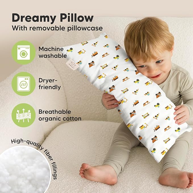 Toddler Pillow with Pillowcase - 10x18 My Little Dreamy Kids Travel Bed Pillows for Sleeping, Organic Cotton Small Pillowcase, Soft & Breathable, Machine Washable,Toddlers 2-5 Years Old(Construction)