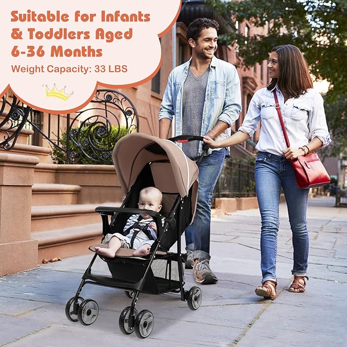 HONEY JOY Travel Stroller, Quick Fold Lightweight Baby Umbrella Stroller for Airplane, Adjustable Canopy & Backrest, Storage Basket, Removable Meal Tray, Compact Stroller Newborn and Toddler(Coffee)