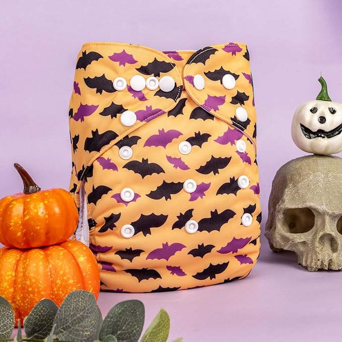 Babygoal Halloween Cloth Diapers 6 Pack with 10 Inserts, Baby Reusable Adjustable Washable One Size Pocket Nappy Covers 6FN35