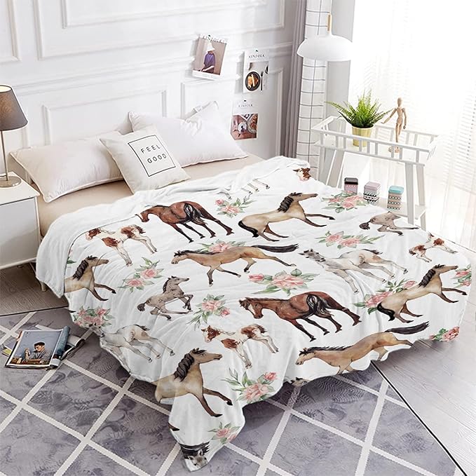 Horse Rose Blanket for Adults,Flowers Throw Blanket for Girls Boys Lightweight Cute Horses Soft Cozy Flannel Blanket for Kids 90 * 120 Inches