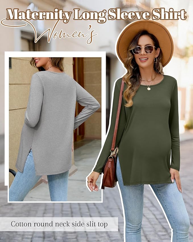 Riyiper 3 Pack Women's Maternity Long Sleeve T-Shirts Round Neck Side Split Tops Loose Casual Pregnancy Mama Clothes Fall