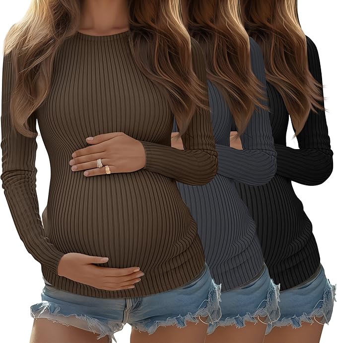 Riyiper 3 Pack Women's Maternity Shirts Long Sleeve Ribbed Knit Pregnancy Tees Cotton Crewneck Tunic Clothes Casual Fall Tops