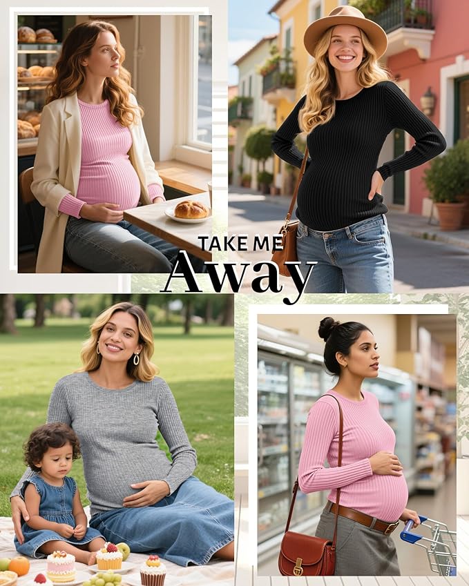 Riyiper 3 Pack Women's Maternity Shirts Long Sleeve Ribbed Knit Pregnancy Tees Cotton Crewneck Tunic Clothes Casual Fall Tops