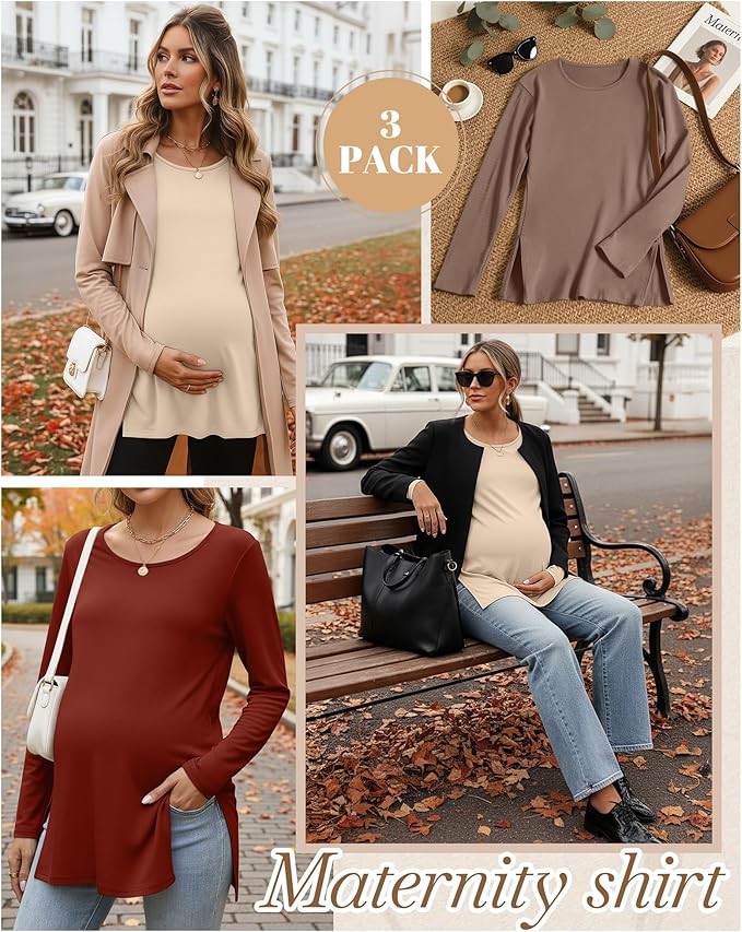 Riyiper 3 Pack Women's Maternity Long Sleeve T-Shirts Round Neck Side Split Tops Loose Casual Pregnancy Mama Clothes Fall