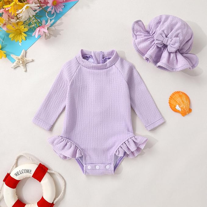 YOUNGER TREE Infant Baby Girls Swimsuit Long Sleeve Swimsuits One Piece Swimsuit Solid Color Bathing Suit with Hat, UPF 50+
