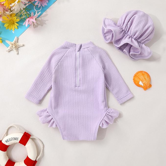 YOUNGER TREE Infant Baby Girls Swimsuit Long Sleeve Swimsuits One Piece Swimsuit Solid Color Bathing Suit with Hat, UPF 50+