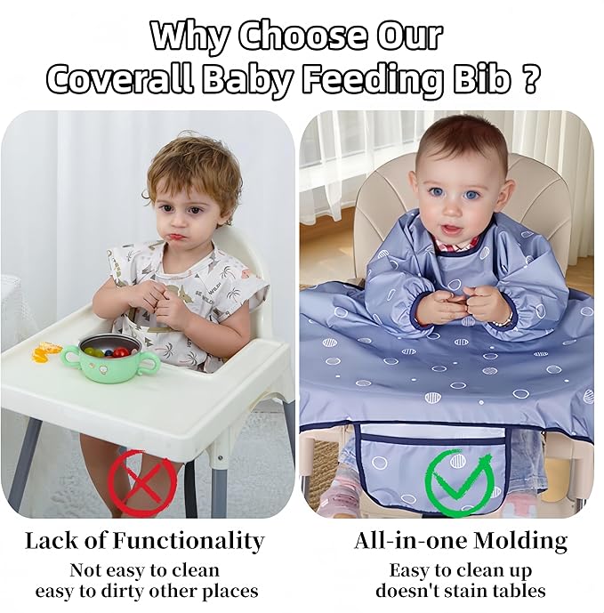 MOTEERLLU Coverall Baby Feeding Bib for Eating,Long Sleeves Bib Attaches to Highchair and Table,Weaning Bibs