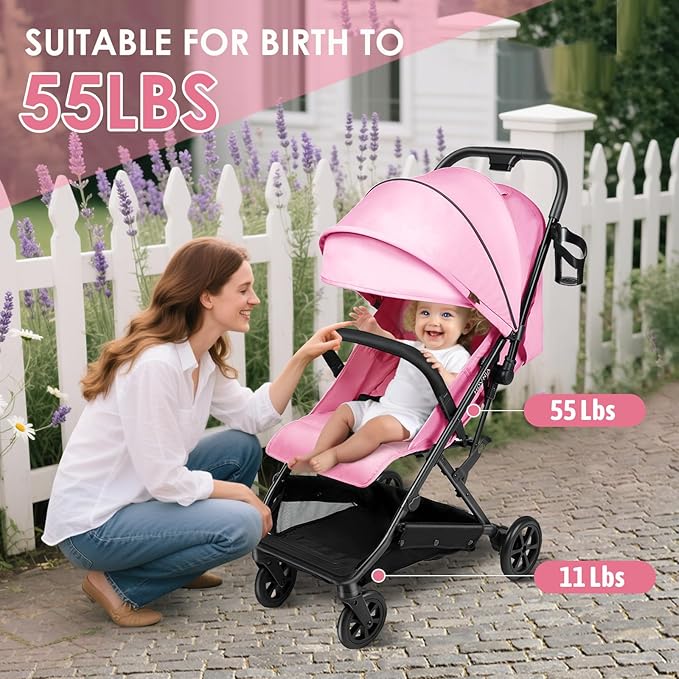 Lightweight Stroller, One-Hand Fold Compact Travel Stroller from Birth to 55 lbs, UPF 50+ Large Canopy & 5-Point Harness, Adjustable Reclining Seat- Pink