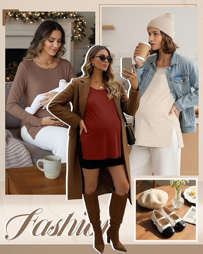 Riyiper 3 Pack Women's Maternity Long Sleeve T-Shirts Round Neck Side Split Tops Loose Casual Pregnancy Mama Clothes Fall