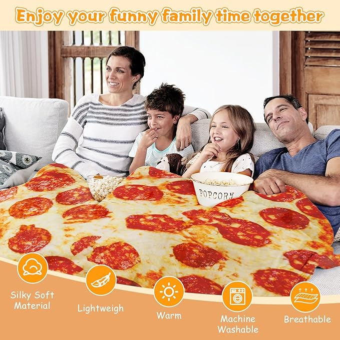 Lhedon Pizza Blanket Adult Size, Blankets Queen Size, 80 Inches Round Pepperoni Pizza Food Blanket, Funny Gift for Women Men, Flannel Blanket for Bed Office Travel