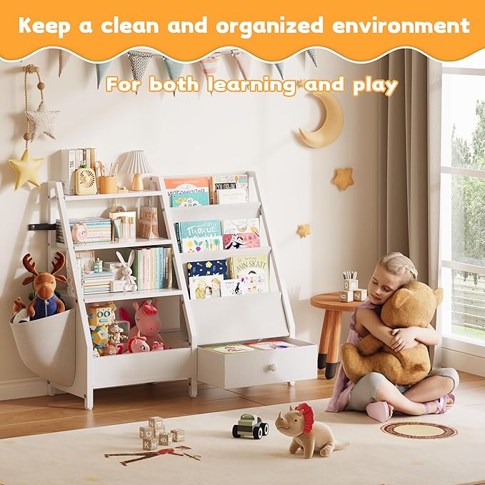 Kids Bookshelf and Toy Storage Organizer, Kids Bookcase Montessori 3 Tier Baby Toddler Sling Book Shelf with Drawer Pockets for Kids Room, Nursery, Playroom, Bedroom, White