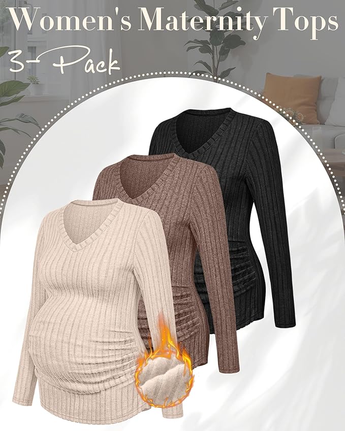 Ficerd 3 Pack Women's Maternity Shirts Ribbed Long Sleeve Pregnancy Tops V Neck Knit Side Ruched Pregnant Clothes Sweater