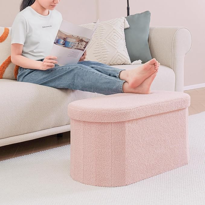B FSOBEIIALEO Ottoman with Storage for Living Room, Sherpa Folding Storage Ottoman Foot Rest, 30 Inches Collapsible Bedroom Bench Pink