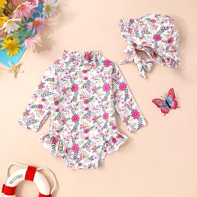 Infant Baby Girl Swimsuit One-Piece Long Sleeve Rash Guard with Hat Set Floral Zipper Bathing Suit Leopard Beach Wear