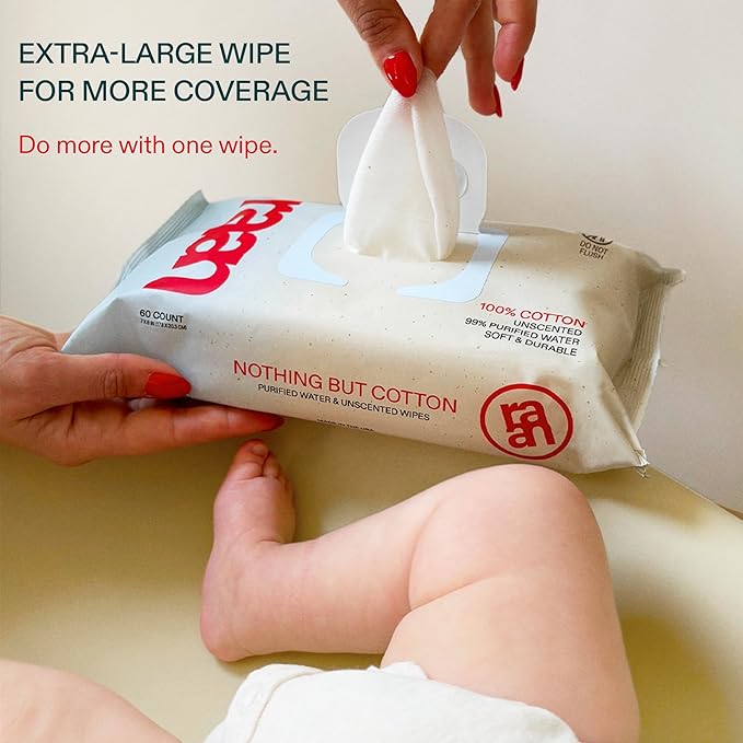 Raan, 100% Cotton Baby & Toddler Wipes, Unbleached, 99% Purified Water, Unscented, EWG verified, Made for Sensitive Skin, Extra Soft and Durable, 12 pack, 720 Count