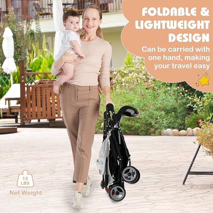 HONEY JOY Lightweight Stroller, Compact Travel Stroller for Airplane, Toddler Fold Pushchair w/Adjustable Canopy & Backrest, Storage Basket, Umbrella Stroller for Infants (Gray)
