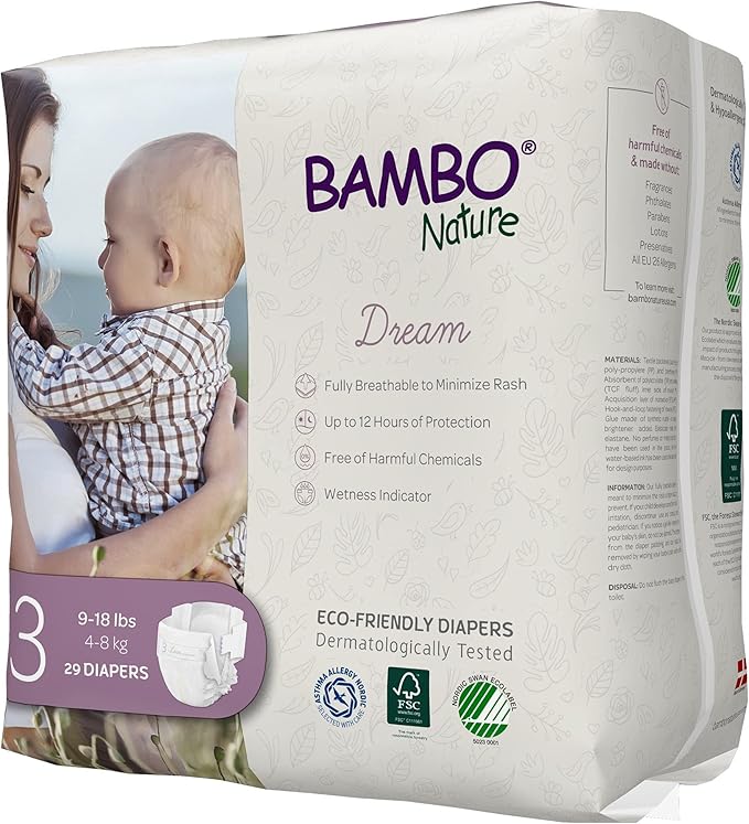 Bambo Nature Hypoallergenic Dream Baby Diapers, Premium Eco-Labeled Sustainable Diapers, Enhanced Leakage Protection, Totally Chlorine-free, Skin Friendly, and Super Absorbent - Size 3 (87 Count)