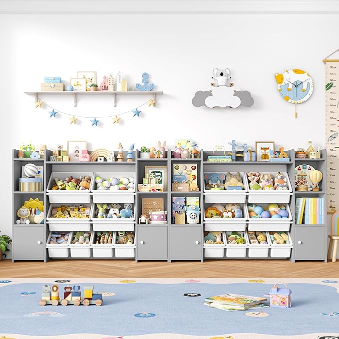 FOTOSOK 55''Large Toy Storage Organizer with 8 Toy Bins, Toy Organizers and Storage with Shelf and 6 Storage Cubbies, Bookshelf for Kids, Playroom Organization and Storage Bins, Grey