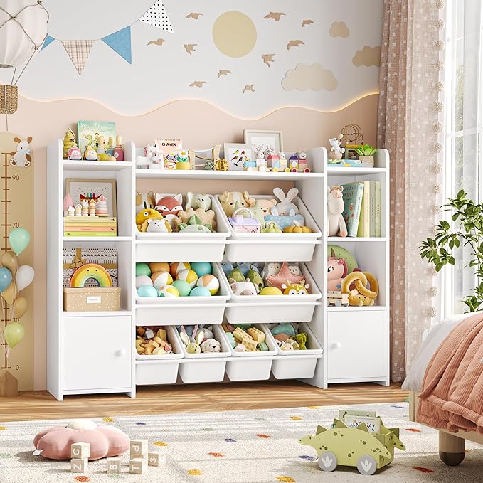 FOTOSOK 55''Large Toy Storage Organizer with 8 Toy Bins, Toy Organizers and Storage with Shelf and 6 Storage Cubbies, Bookshelf for Kids, Playroom Organization and Storage Bins, White