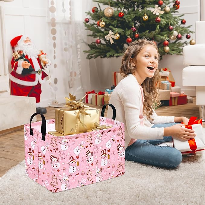 Rectangle Basket, Kids Organizer, Pink Snowman Pattern Toy Storage Cube, Clothes Storage Box With Handles for Room Decor