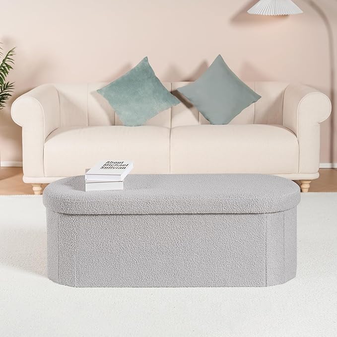 B FSOBEIIALEO Ottoman with Storage for Living Room, Sherpa Folding Storage Ottoman Foot Rest, 43.3 Inches Collapsible Bedroom Bench Grey