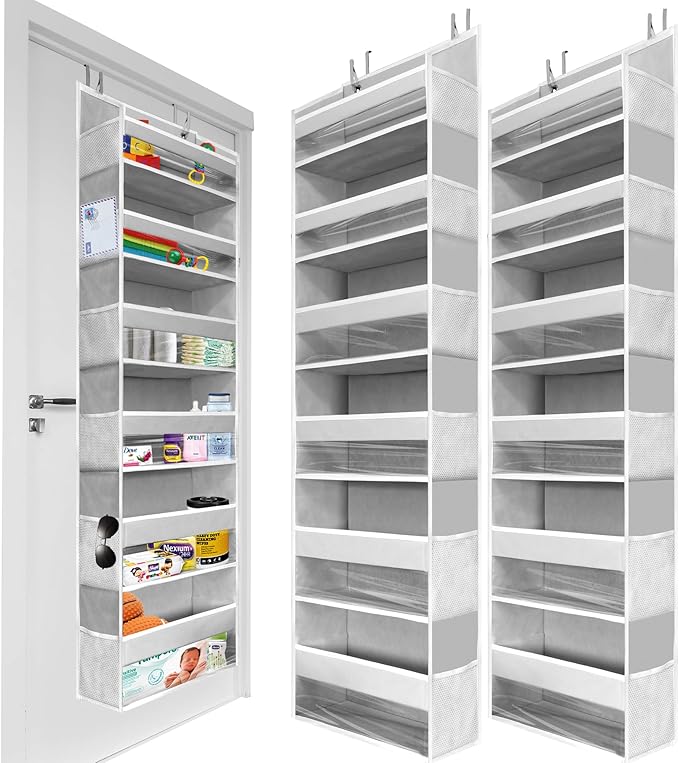 HOMELUX THEORY 2 PC Heavy Duty Over the Door Organizer 55x14x6.7, 6 Large Front & 12 Side Pockets, Hanging Storage Closet Door Organizer for Bedroom, Bathroom and Baby Nursery Storage (Light Gray)