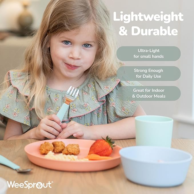 WeeSprout Bamboo Plates, Set of 4, Kid-Sized Dinnerware, Dishwasher Safe Melamine Dishware (Pastel Blue, Mint, Purple & Pink, Without Lids)