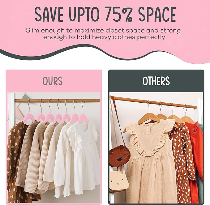 50 Premium Kids Velvet Hangers - 14" Non-Slip Clothes Hangers for Kids & Preteens - Ultra Slim, Space-Saving, Strong & Durable Hangers with 360° Swivel Hook - Pink