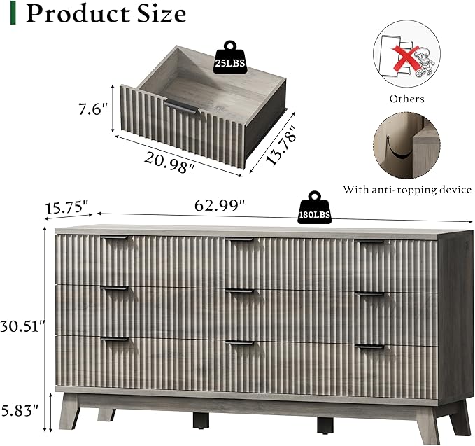 Fluted Dresser with 9 Drawers, 63" Wide Wood Chest of Drawers with Metal Handle, Wooden Dresser TV Stand, Modern Closet Clothes Storage Organizer for Bedroom, Living Room, Hallway, Light Grey
