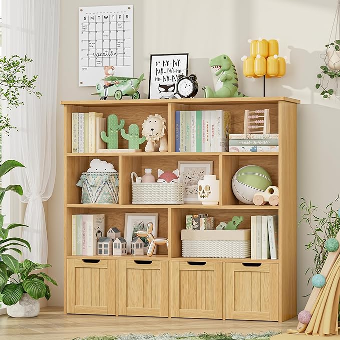 FINETONES Toy Storage Organizer, Kids Bookshelf with 4 Movable Chests and 7 Storage Cubes, Toy Chest Storage Shelf Organizer with Hidden Wheels, Toy Organizers and Toy Storage, Natural