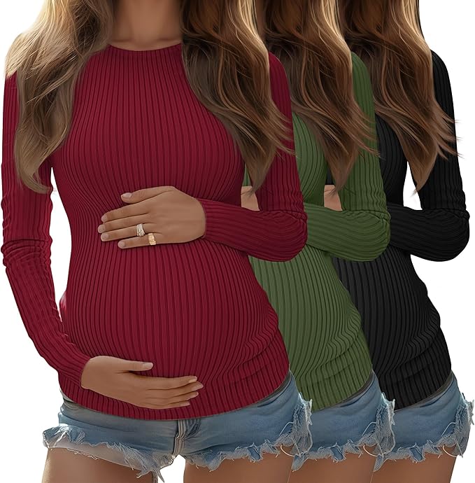 Riyiper 3 Pack Women's Maternity Shirts Long Sleeve Ribbed Knit Pregnancy Tees Cotton Crewneck Tunic Clothes Casual Fall Tops